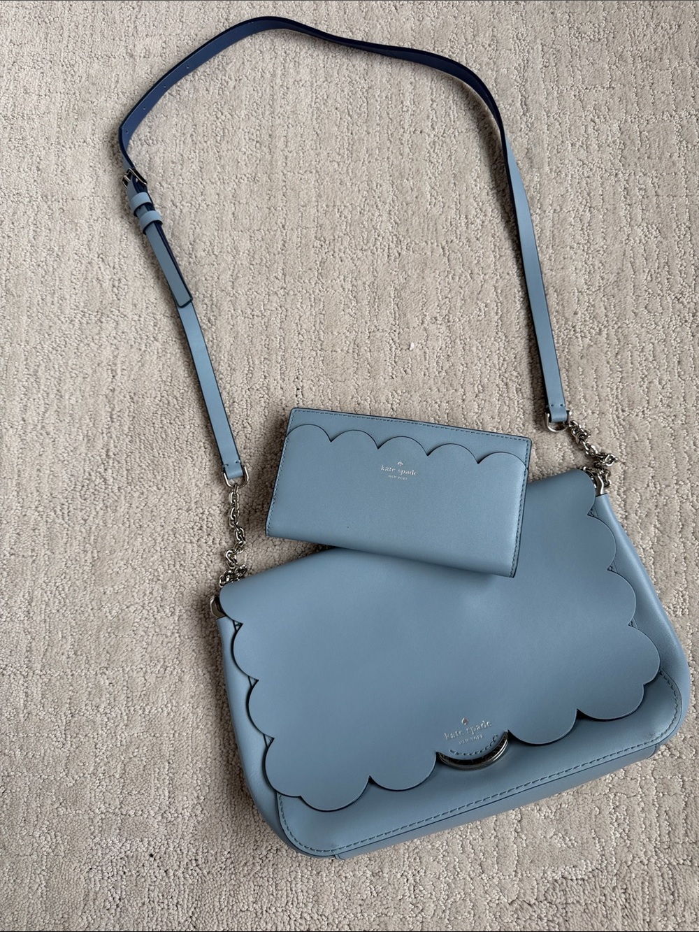 kate spade Powder Blue Scalloped Leather Shoulder Bag with Wallet